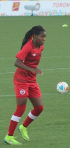 Kadiesha Buckanan warms up before the Canadian women's soccer team takes on Brazil in the Group B match at the Pan Am Games in Hamilton. Canada came out on the losing side of the 2-0 game in front of a cheering but disappointed crowd. (July 19, 2015 Andrea Connell)